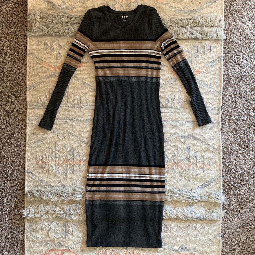 Three Dots Gray Striped Rib Knit Midi Dress